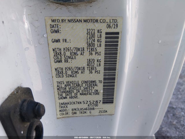 2019 Nissan Titan S მანქანა იყიდება აუქციონზე, vin: 1N6AA1CK7KN525287, აუქციონის ნომერი: 46104864