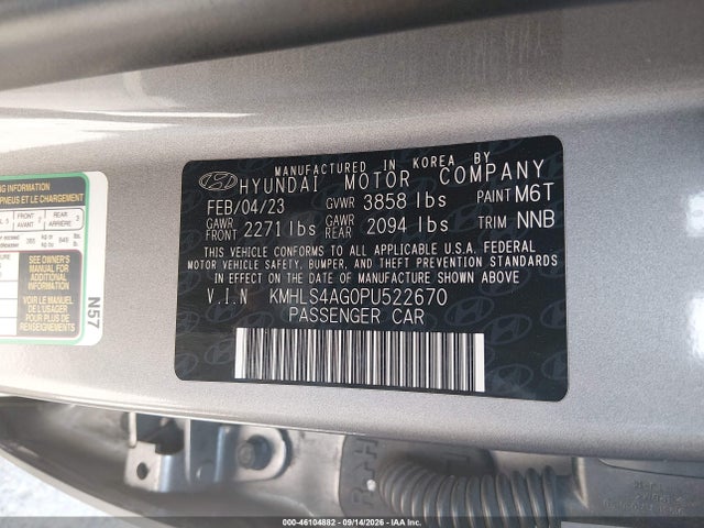 Продажа на аукционе авто 2023 Hyundai Elantra Sel, vin: KMHLS4AG0PU522670, номер лота: 46104882