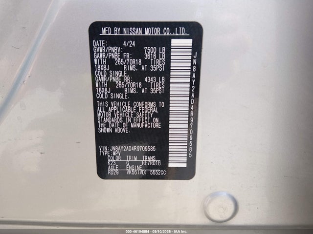 2024 Nissan Armada Sv 4wd მანქანა იყიდება აუქციონზე, vin: JN8AY2AD4R9709585, აუქციონის ნომერი: 46104884