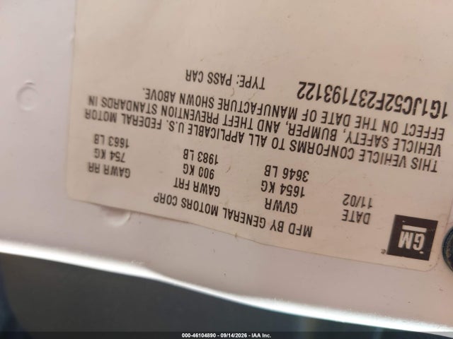 46104890 :رقم المزاد ، 1G1JC52F237193122 vin ، 2003 Chevrolet Cavalier مزاد بيع