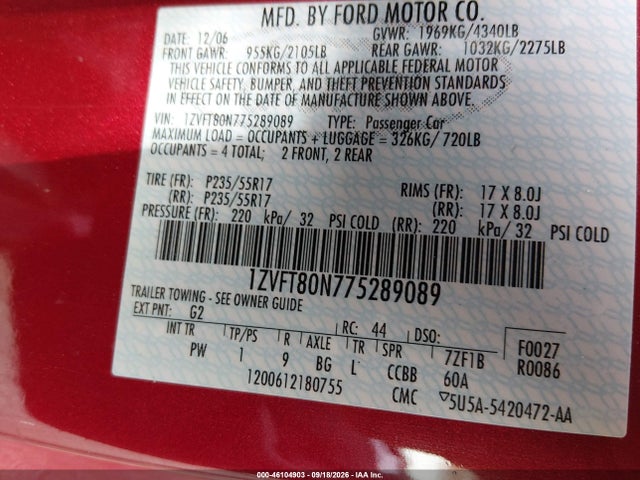 Продаж на аукціоні авто 2007 Ford Mustang V6 Deluxe/v6 Premium, vin: 1ZVFT80N775289089, номер лоту: 46104903