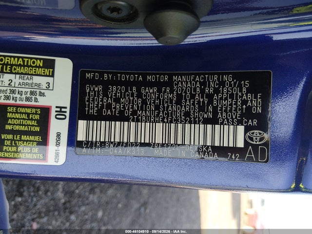 Продаж на аукціоні авто 2015 Toyota Corolla S Plus, vin: 2T1BURHE4FC352112, номер лоту: 46104910