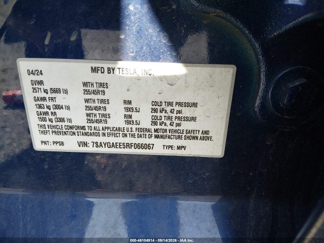 Продаж на аукціоні авто 2024 Tesla Model Y Long Range Dual Motor All-wheel Drive, vin: 7SAYGAEE5RF066067, номер лоту: 46104914