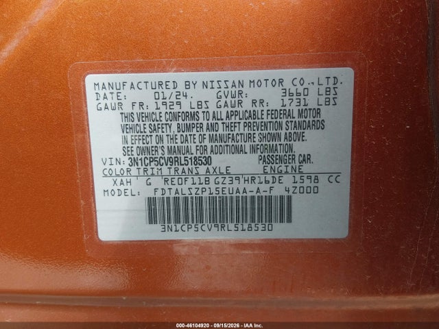 46104920 :رقم المزاد ، 3N1CP5CV9RL518530 vin ، 2024 Nissan Kicks Sv Xtronic Cvt مزاد بيع