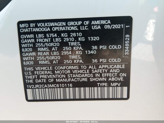46104927 :رقم المزاد ، 1V2JR2CA3MC610116 vin ، 2021 Volkswagen Atlas 3.6l V6 Se W/technology مزاد بيع