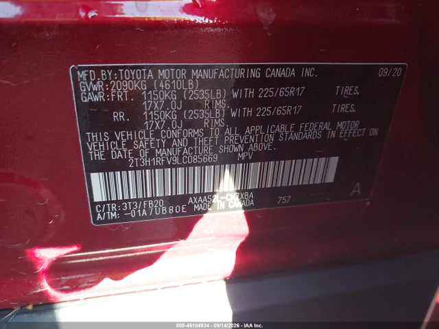Aukcja sprzedaży 2020 Toyota Rav4 Le, vin: 2T3H1RFV9LC085669, numer aukcji: 46104934