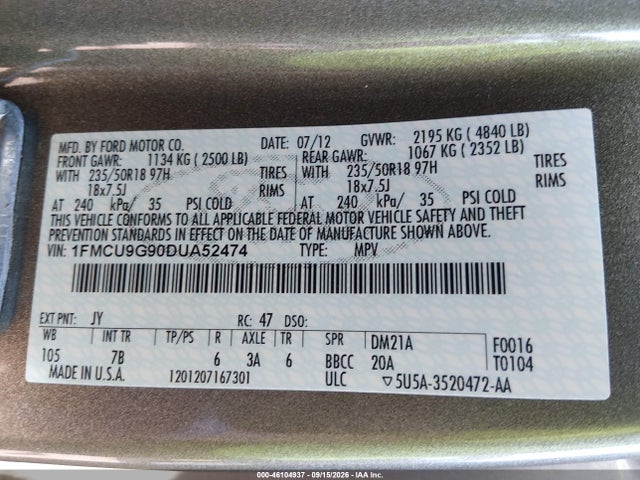 Продажа на аукционе авто 2013 Ford Escape Se, vin: 1FMCU9G90DUA52474, номер лота: 46104937