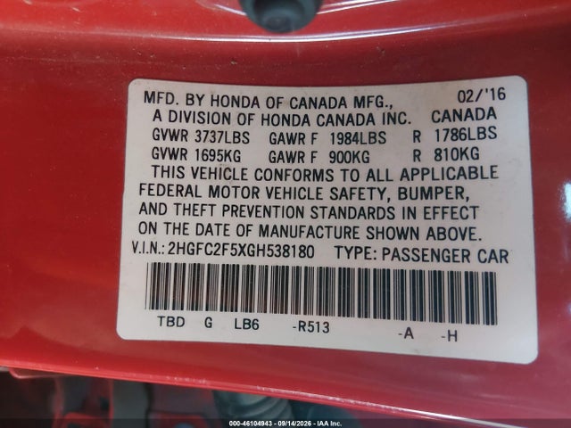 Продаж на аукціоні авто 2016 Honda Civic Lx, vin: 2HGFC2F5XGH538180, номер лоту: 46104943
