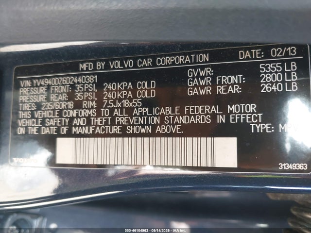 46104963 :رقم المزاد ، YV4940DZ6D2440381 vin ، 2013 Volvo Xc60 3.2 Platinum مزاد بيع