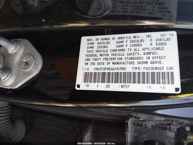 Aukcja sprzedaży 2010 Honda Accord 2.4 Ex-l, vin: 1HGCP2F85AA187881, numer aukcji: 46104968