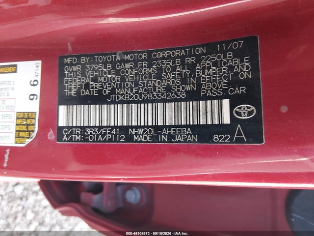 Aukcja sprzedaży 2008 Toyota Prius Touring, vin: JTDKB20U983342638, numer aukcji: 46104973