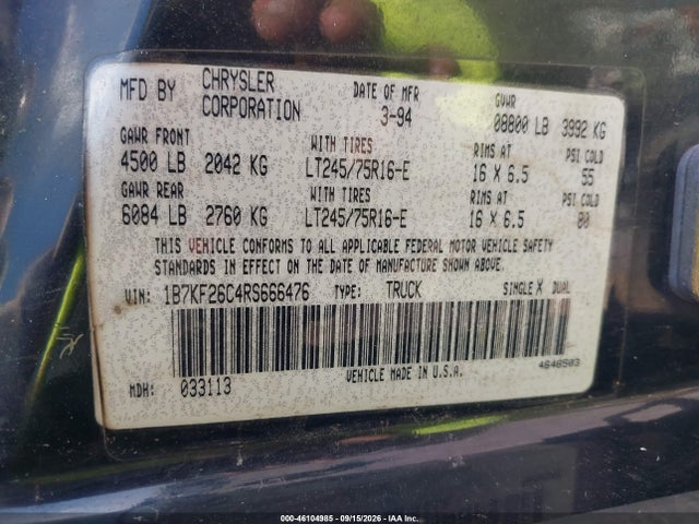 Aukcja sprzedaży 1994 Dodge Ram 2500, vin: 1B7KF26C4RS666476, numer aukcji: 46104985