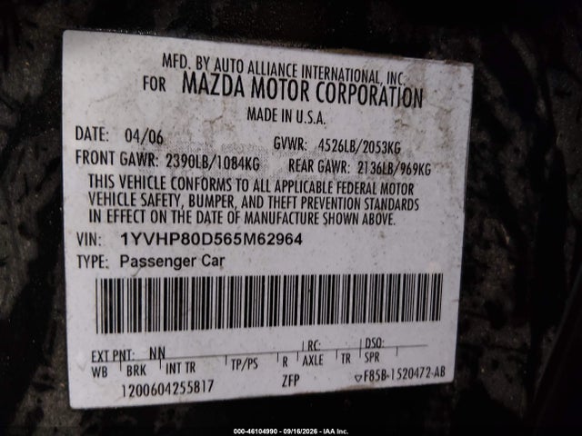 46104990 :رقم المزاد ، 1YVHP80D565M62964 vin ، 2006 Mazda Mazda6 S مزاد بيع