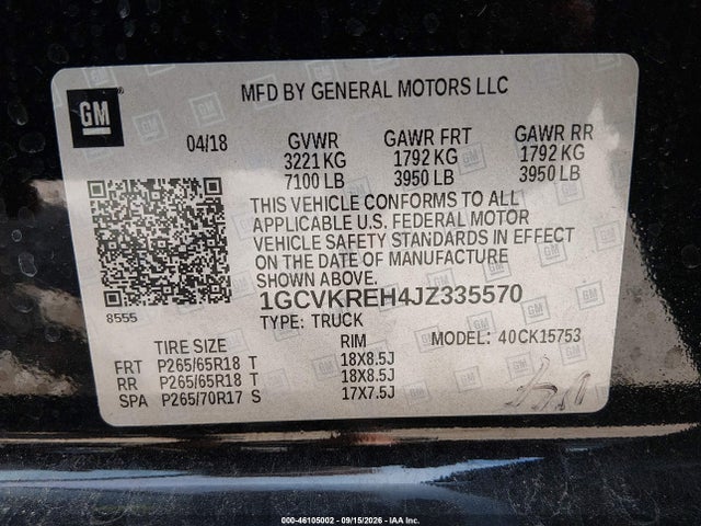 Aukcja sprzedaży 2018 Chevrolet Silverado 1500 1lt, vin: 1GCVKREH4JZ335570, numer aukcji: 46105002