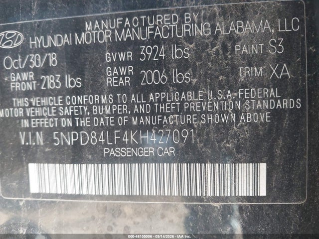 46105006 :رقم المزاد ، 5NPD84LF4KH427091 vin ، 2019 Hyundai Elantra Sel مزاد بيع