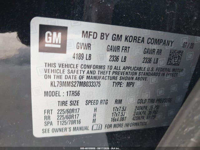 Aukcja sprzedaży 2021 Chevrolet Trailblazer Fwd Ls, vin: KL79MMS27MB033375, numer aukcji: 46105008