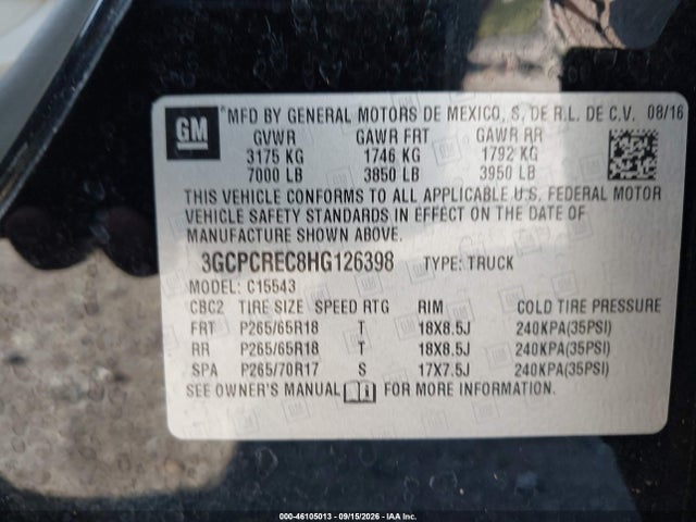 Aukcja sprzedaży 2017 Chevrolet Silverado 1500 1lt, vin: 3GCPCREC8HG126398, numer aukcji: 46105013