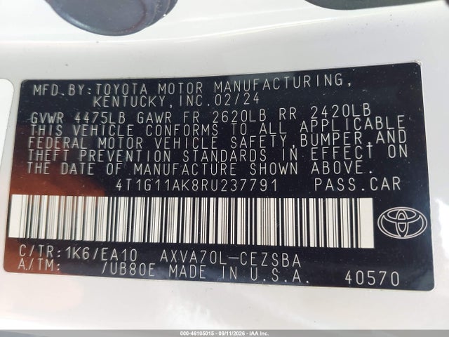 Продажа на аукционе авто 2024 Toyota Camry Se, vin: 4T1G11AK8RU237791, номер лота: 46105015