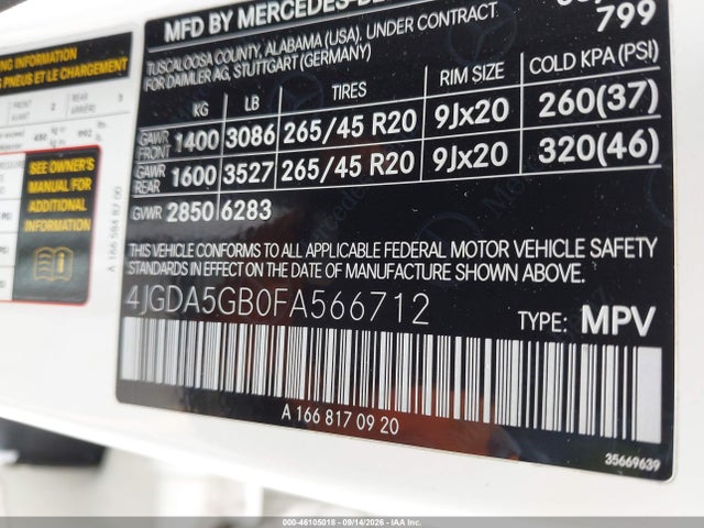 Продажа на аукционе авто 2015 Mercedes-benz Ml 400 4matic, vin: 4JGDA5GB0FA566712, номер лота: 46105018