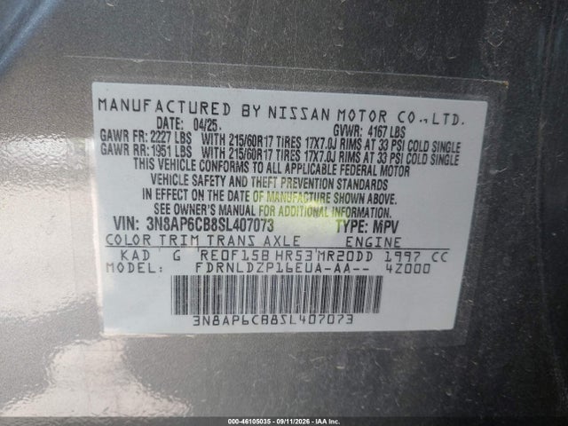 46105035 :رقم المزاد ، 3N8AP6CB8SL407073 vin ، 2025 Nissan Kicks Sv Intelligent Awd مزاد بيع