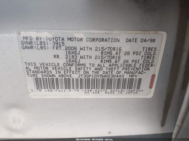 46105049 :رقم المزاد ، JT3GP10V5W0030443 vin ، 1998 Toyota Rav4 مزاد بيع