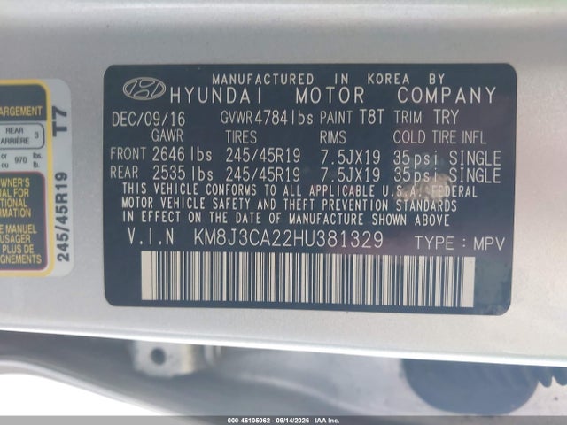 Aukcja sprzedaży 2017 Hyundai Tucson Limited, vin: KM8J3CA22HU381329, numer aukcji: 46105062