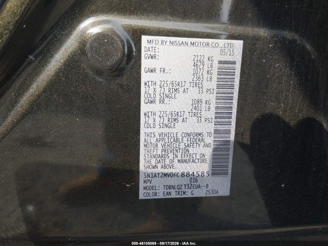 46105069 :رقم المزاد ، 5N1AT2MV0FC884585 vin ، 2015 Nissan Rogue Sv مزاد بيع