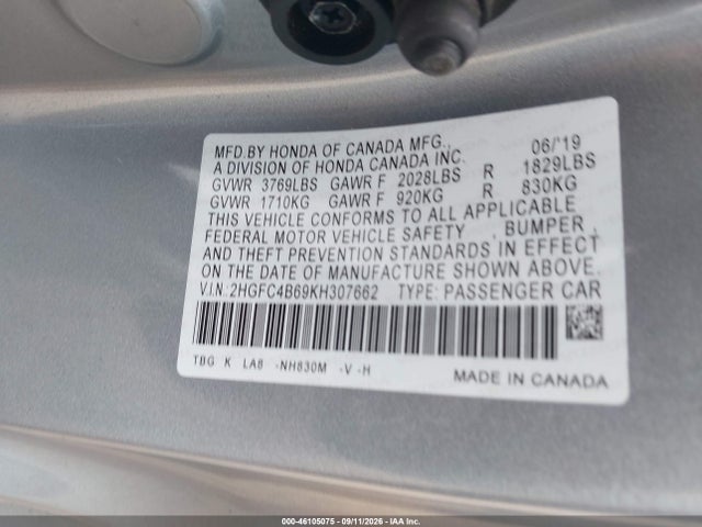 46105075 :رقم المزاد ، 2HGFC4B69KH307662 vin ، 2019 Honda Civic Lx مزاد بيع