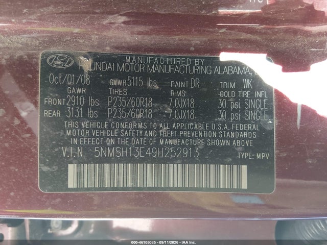 46105085 :رقم المزاد ، 5NMSH13E49H252913 vin ، 2009 Hyundai Santa Fe Limited مزاد بيع