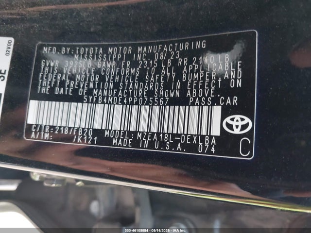 46105084 :رقم المزاد ، 5YFB4MDE4PP075567 vin ، 2023 Toyota Corolla Le مزاد بيع