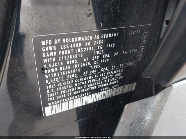 2013 Volkswagen Tiguan S მანქანა იყიდება აუქციონზე, vin: WVGBV7AX9DW533137, აუქციონის ნომერი: 46105113