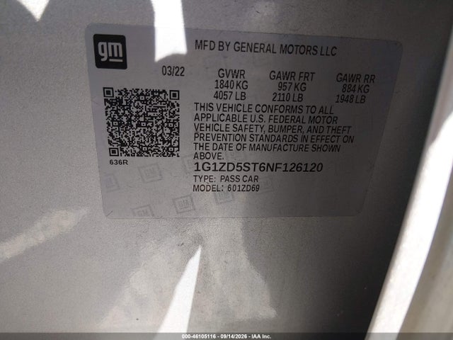 Продаж на аукціоні авто 2022 Chevrolet Malibu Fwd Lt, vin: 1G1ZD5ST6NF126120, номер лоту: 46105116