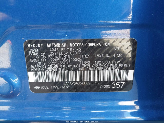 Продаж на аукціоні авто 2019 Mitsubishi Outlander Sport 2.0 Es, vin: JA4AP3AU5KU028353, номер лоту: 46105123