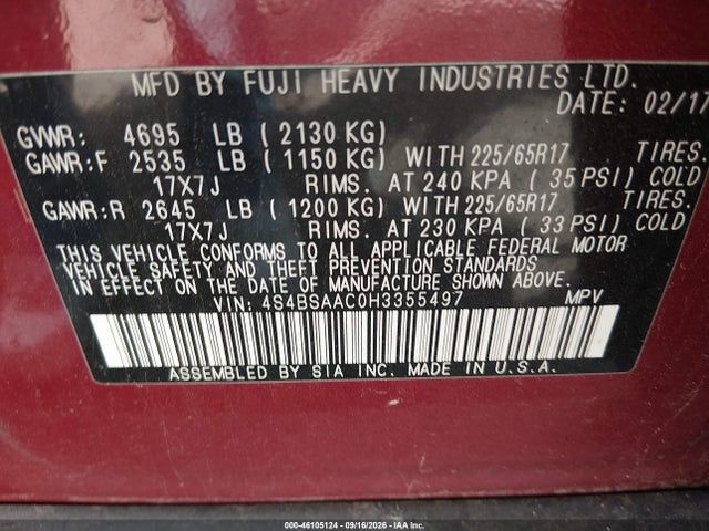 Aukcja sprzedaży 2017 Subaru Outback 2.5i, vin: 4S4BSAAC0H3355497, numer aukcji: 46105124