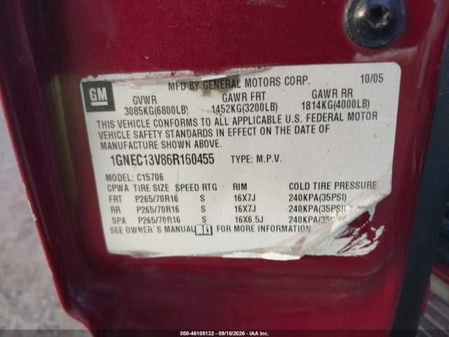 Aukcja sprzedaży 2006 Chevrolet Tahoe Ls, vin: 1GNEC13V86R160455, numer aukcji: 46105132