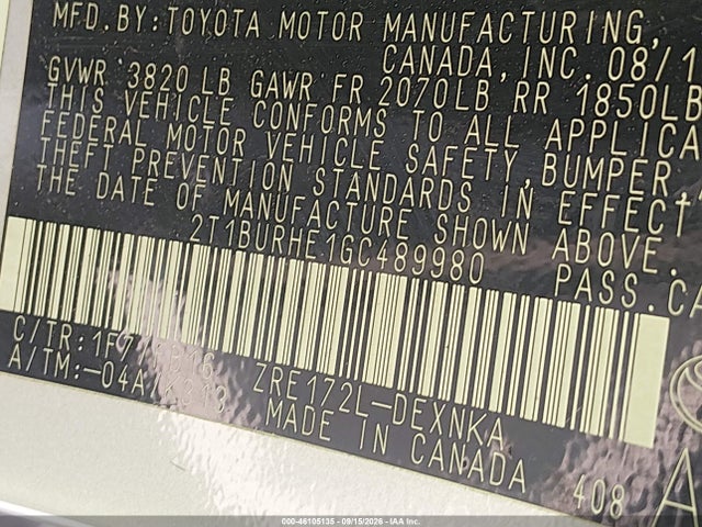 46105135 :رقم المزاد ، 2T1BURHE1GC489980 vin ، 2016 Toyota Corolla Le مزاد بيع