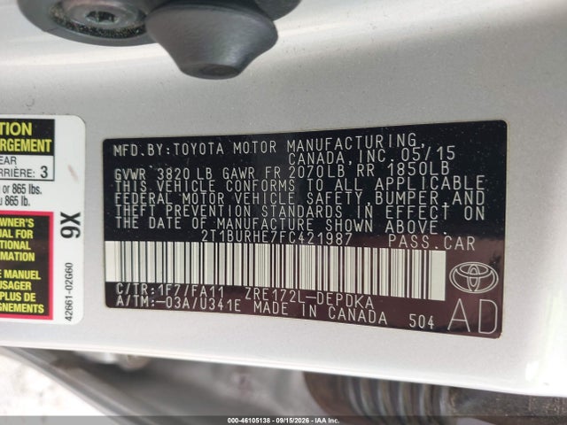 2015 Toyota Corolla L მანქანა იყიდება აუქციონზე, vin: 2T1BURHE7FC421987, აუქციონის ნომერი: 46105138
