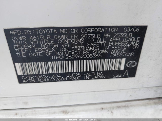 Aukcja sprzedaży 2006 Lexus Is 250, vin: JTHCK262962005365, numer aukcji: 46105145