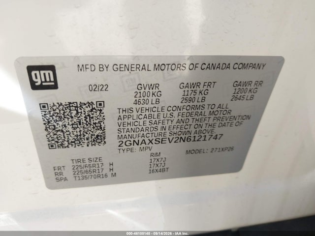 2022 Chevrolet Equinox Awd Ls მანქანა იყიდება აუქციონზე, vin: 2GNAXSEV2N6121747, აუქციონის ნომერი: 46105148
