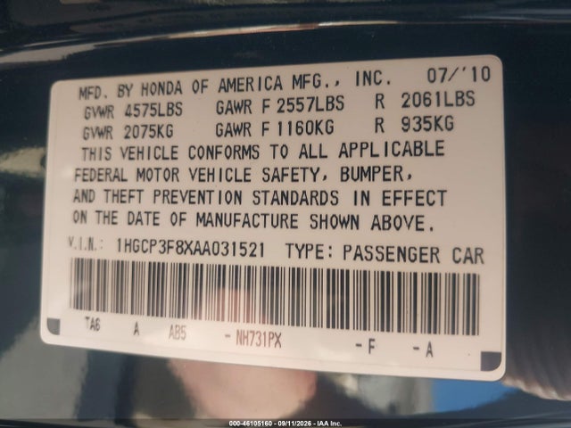 46105160 :رقم المزاد ، 1HGCP3F8XAA031521 vin ، 2010 Honda Accord 3.5 Ex-l مزاد بيع