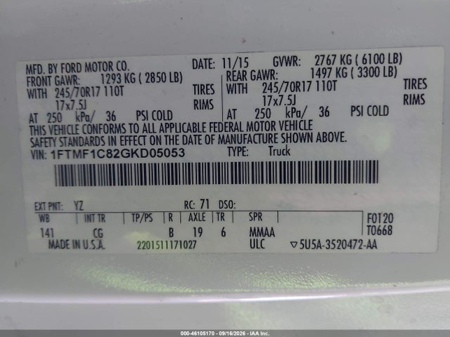 Ford F-150 Xl 2016 1FTMF1C82GKD05053 Image 9