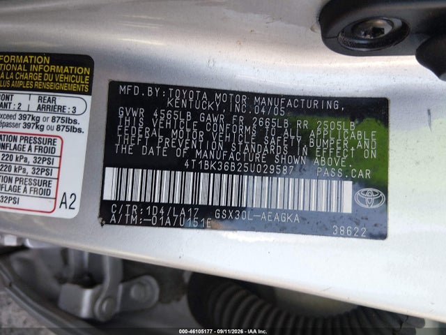 46105177 :رقم المزاد ، 4T1BK36B25U029587 vin ، 2005 Toyota Avalon Xls مزاد بيع