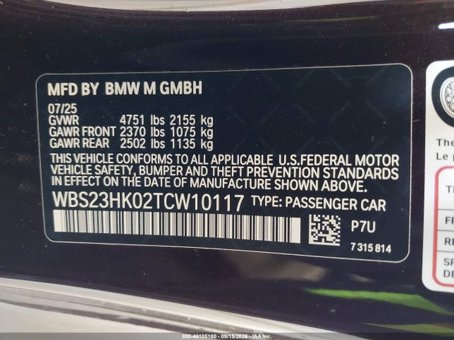 2026 Bmw M4 Competition მანქანა იყიდება აუქციონზე, vin: WBS23HK02TCW10117, აუქციონის ნომერი: 46105180