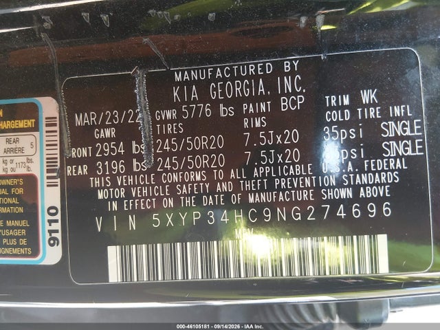 Продаж на аукціоні авто 2022 Kia Telluride Ex, vin: 5XYP34HC9NG274696, номер лоту: 46105181