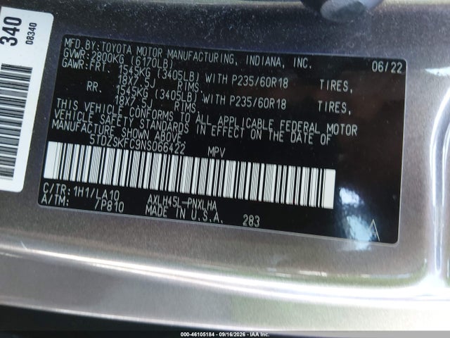 Aukcja sprzedaży 2022 Toyota Sienna Limited, vin: 5TDZSKFC9NS066422, numer aukcji: 46105184