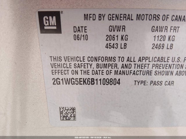 2011 Chevrolet Impala Lt მანქანა იყიდება აუქციონზე, vin: 2G1WG5EK6B1109804, აუქციონის ნომერი: 46105189