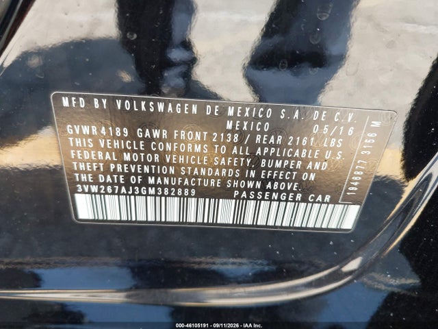 2016 Volkswagen Jetta 1.4t S მანქანა იყიდება აუქციონზე, vin: 3VW267AJ3GM382889, აუქციონის ნომერი: 46105191
