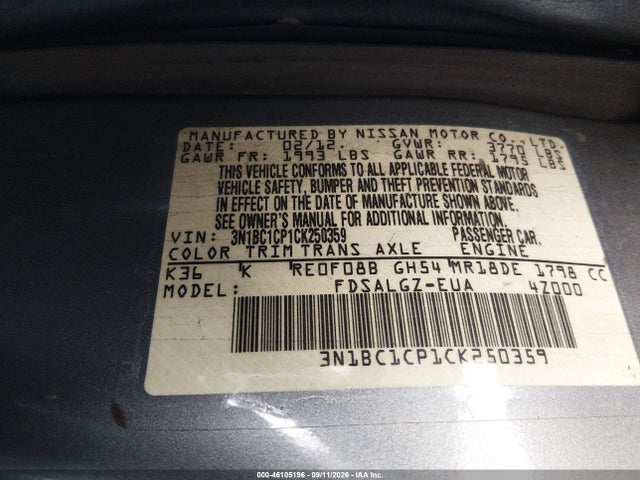 2012 Nissan Versa 1.8 Sl მანქანა იყიდება აუქციონზე, vin: 3N1BC1CP1CK250359, აუქციონის ნომერი: 46105196