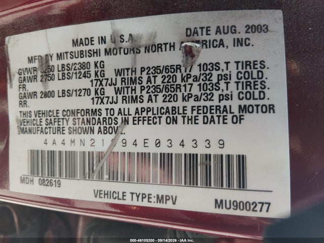 Продажа на аукционе авто 2004 Mitsubishi Endeavor Ls, vin: 4A4MN21S94E034339, номер лота: 46105200