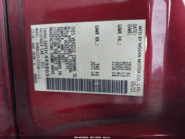 46105202 :رقم المزاد ، 1N4AL3AP1FC449869 vin ، 2015 Nissan Altima 2.5 S مزاد بيع